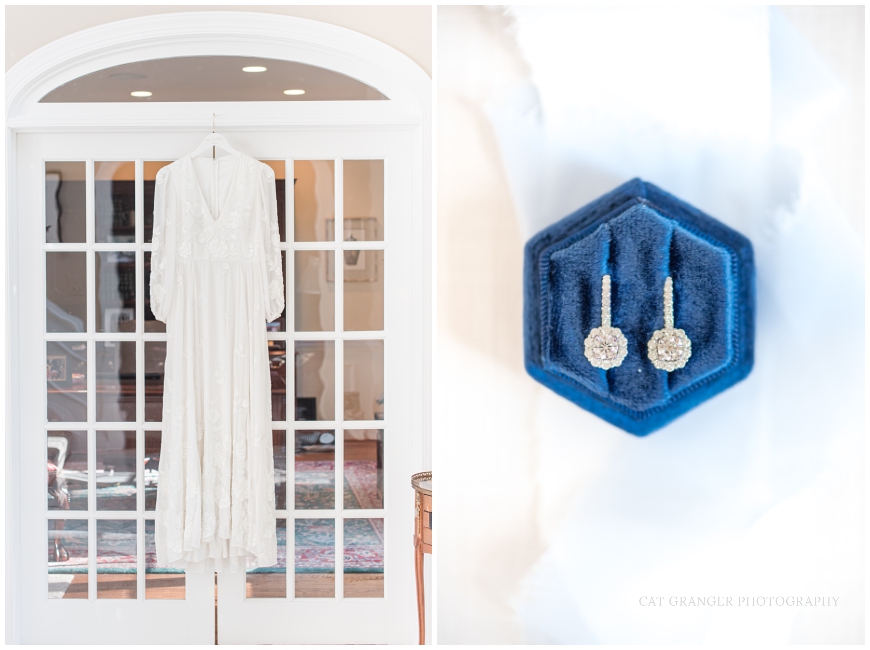 TPC POTOMAC WEDDING gown hanging and diamond earrings in blue velvet ring box