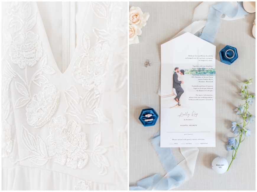 TPC POTOMAC WEDDING  golf course flatlay blue and ivory with close up detail of BHLDN wedding gown