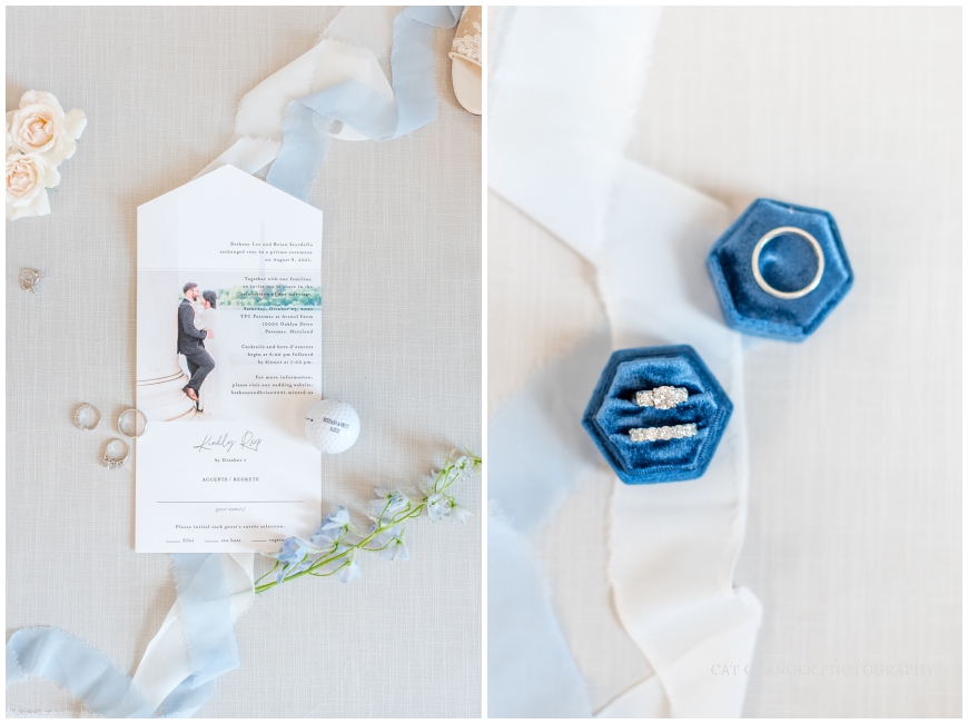 TPC POTOMAC WEDDING flatlay spread and wedding rings with blue velvet ring box