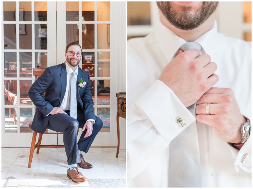 TPC POTOMAC WEDDING  groom getting ready wedding photos with navy suit and toy story cufflinks