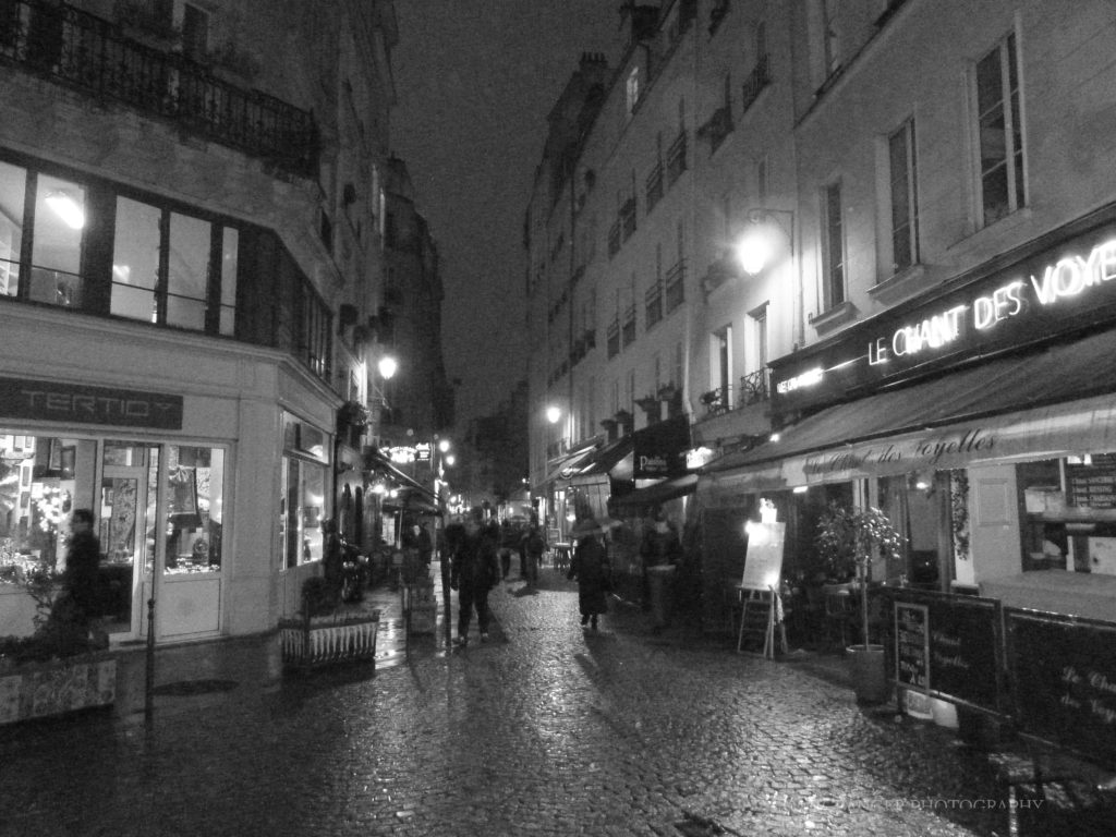 rainy night in paris black and white