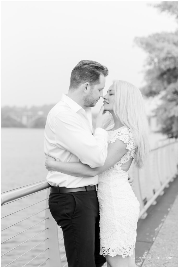 romantic black and white engagement photo at georgetown waterfront park 