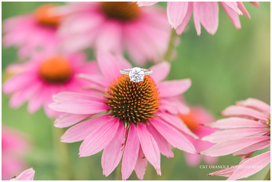 diamond ring sitting on a pink flower Baltimore Engagement Photographer