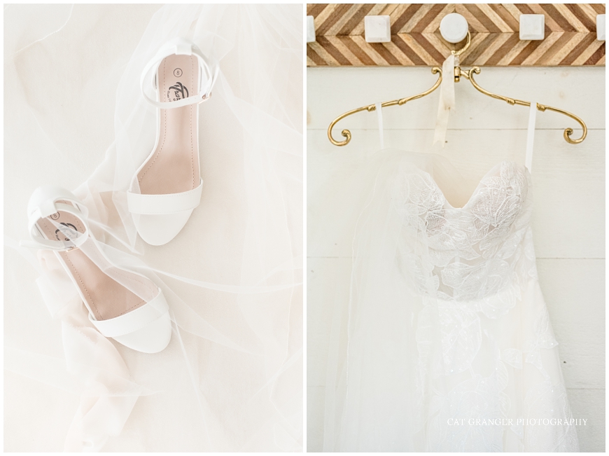 white bridal shoes and wedding gown in gold hanger