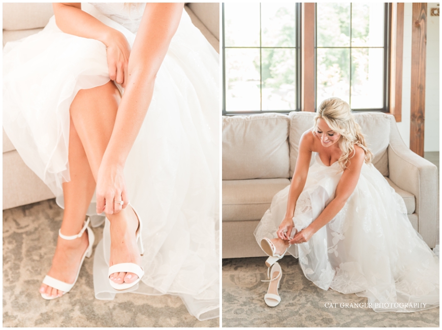 bride putting on shoes indoors