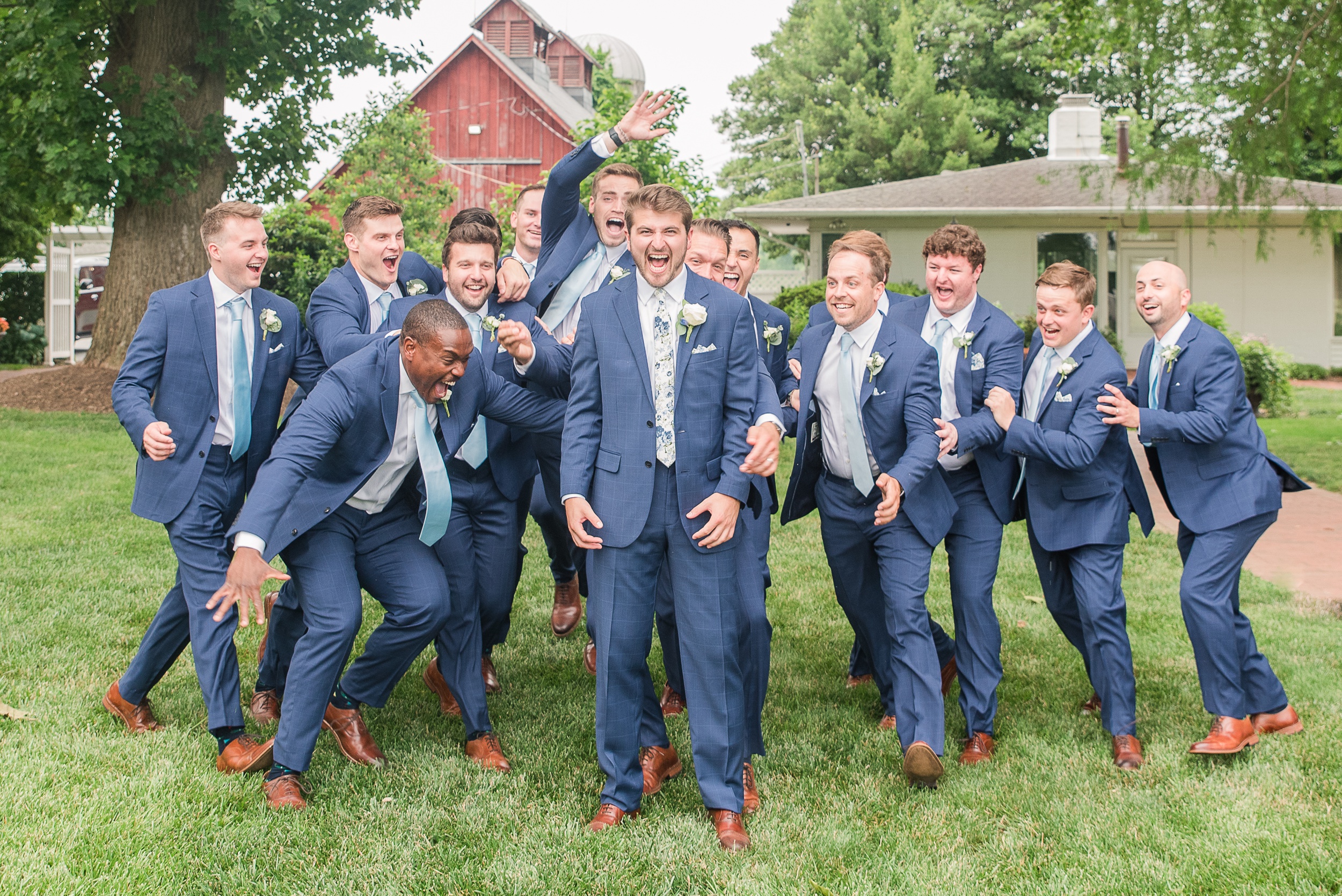 A groom celebrates with his groomsmen in the lawn at a Swan Harbor Farm Wedding
