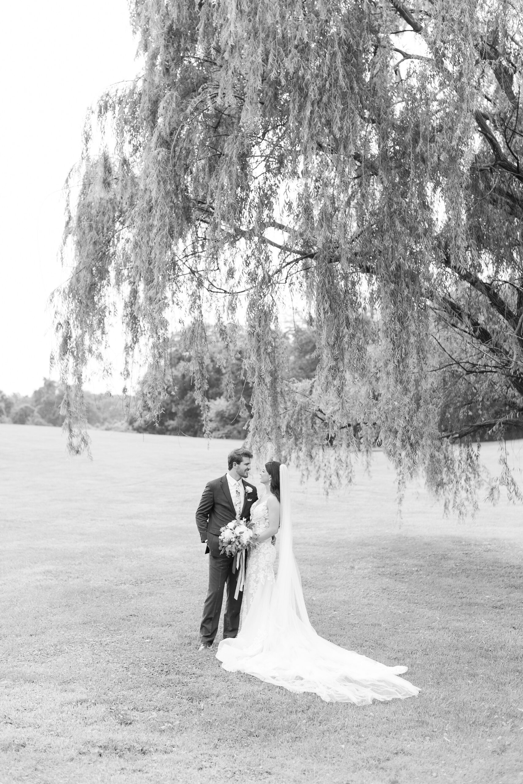 Newlyweds stand together under a large willow tree at a Swan Harbor Farm Wedding