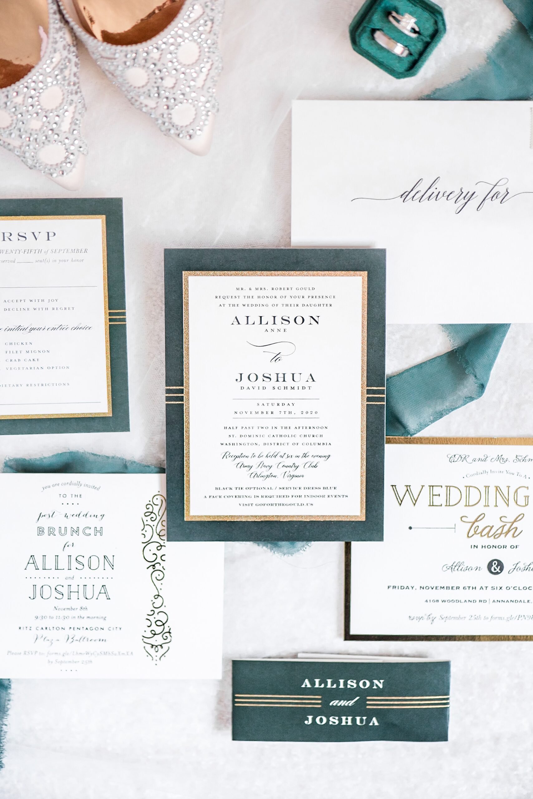 Details of wedding invitations and bridal details on a table with a green theme