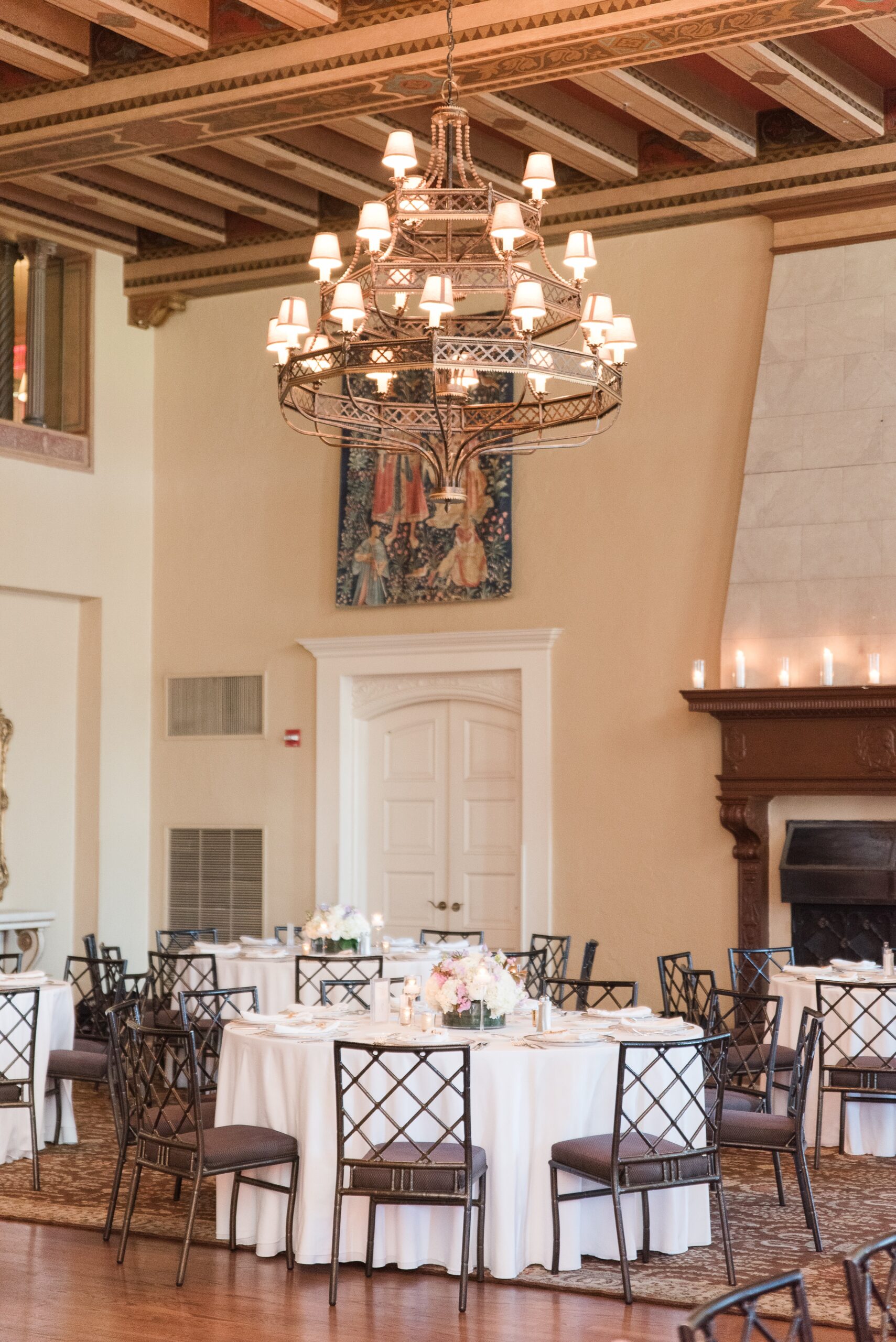 Details of the ornate Congressional Country Club Wedding reception room with chandelier