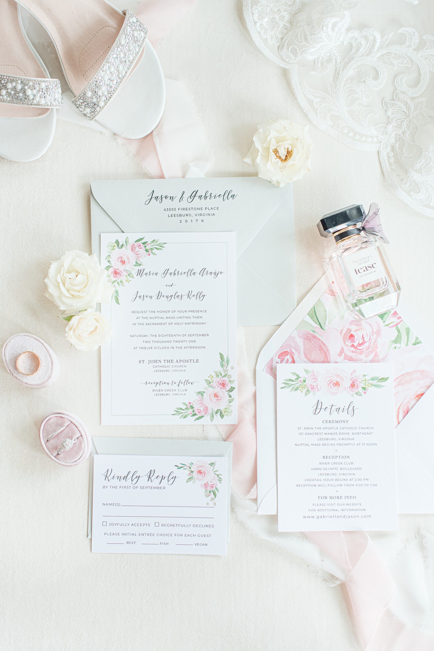 BRidal details with invitations on a table